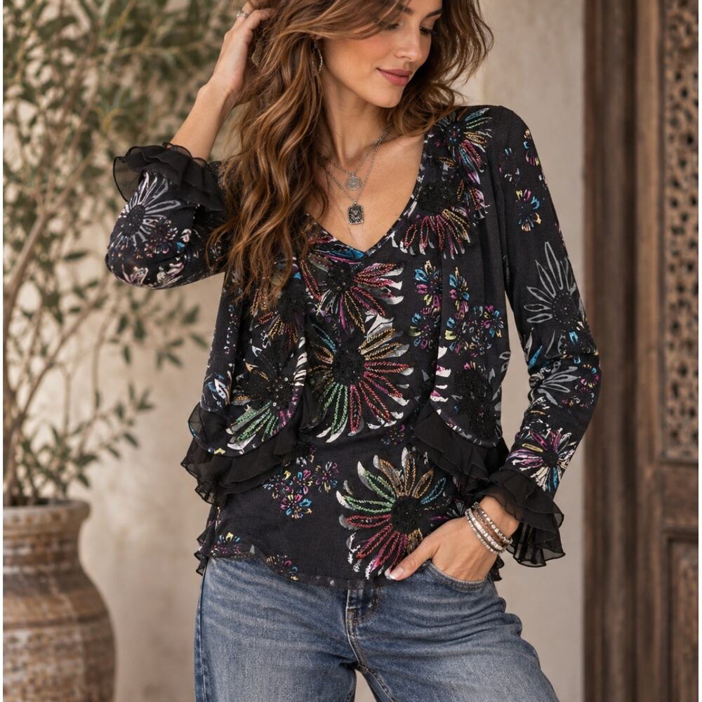 Alberto Makali 2 Pc Beaded Floral Twin Set Cardigan Shell Top Black Size M Y2K